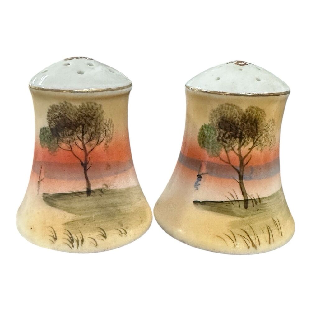 VINTAGE NORITAKE "M" MORIMURA 1920S HP SUNSET TREE  SALT & PEPPER SHAKER SET